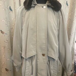 Women's pea Coat olive green with Fur Collar medium natural earthy casual